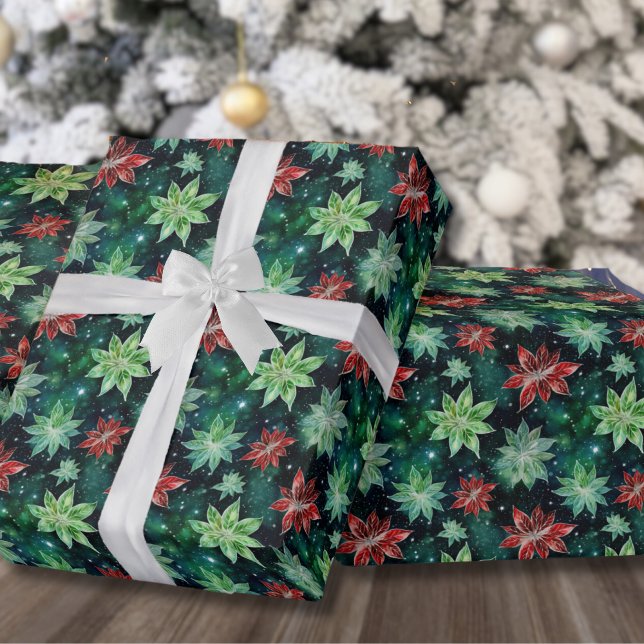 Papel De Presente Flores de Poinsettia Natal (Classic Red Green Holiday Presents Christmas Wrapping Paper)