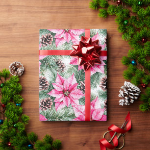 Papel De Presente Flores de Poinsettia Natal Glam Prata Rosa