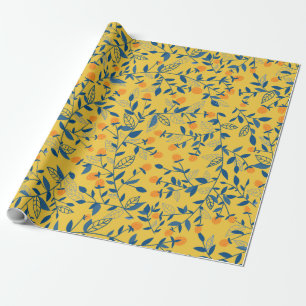 Papel De Presente Flores de rabo em azul e amarelo