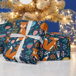 Papel De Presente Flores De Raposas Coloridas E Pássaros, Padrões 2