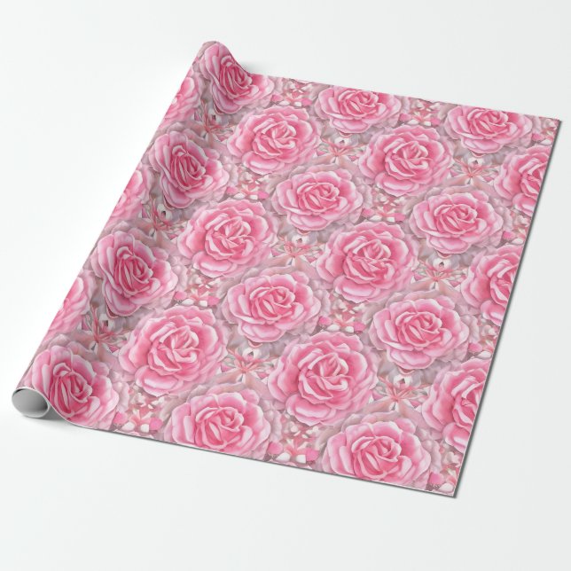 Papel De Presente Flores De Rosa De Padrão Floral (Desenrolado)