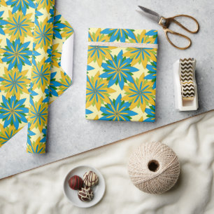 Papel De Presente Flores de Starburst Azuis e Douradas