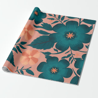 Papel De Presente Flores de Teal e Pêssego em um Fundo Rosa Suave