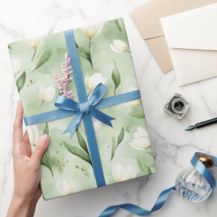 Papel De Presente Flores de Tulipa Brancas Verdes Aniversário