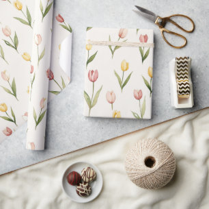 Papel De Presente Flores de Tulipa Rosa Amarela Páscoa
