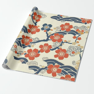 Papel De Presente Flores de Ume Japonês em Creme com Onda Azul-Marin