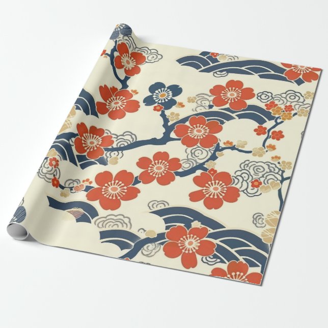 Papel De Presente Flores de Ume Japonês em Creme com Onda Azul-Marin (Desenrolado)