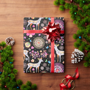 Papel De Presente Flores de Vento de Natal - Pássaros Cardíacos Fl