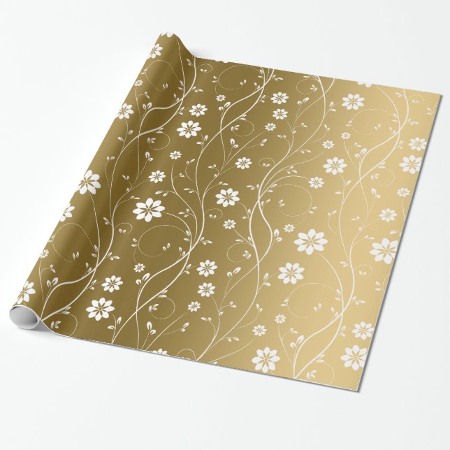 Papel De Presente Flores Delicadas Brancas Em Fundo Dourado (Desenrolado)