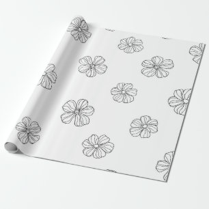 Papel De Presente Flores desenhadas em preto sobre fundo branco. Sea