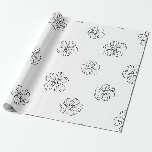 Papel De Presente Flores desenhadas em preto sobre fundo branco. Sea (Desenrolado)
