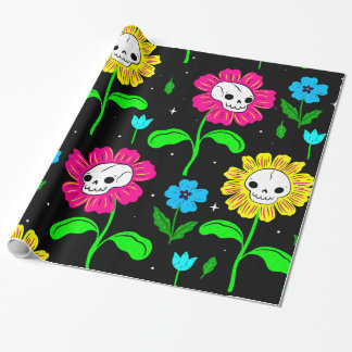 Papel De Presente flores do crânio floral de halloween preto