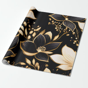 Papel De Presente Flores do ouro: Padrões Florais Pretos e Dourados