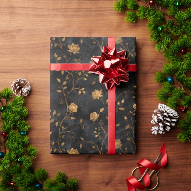 Papel De Presente Flores Douradas Antigas em Fundo Preto (Presente de Natal)