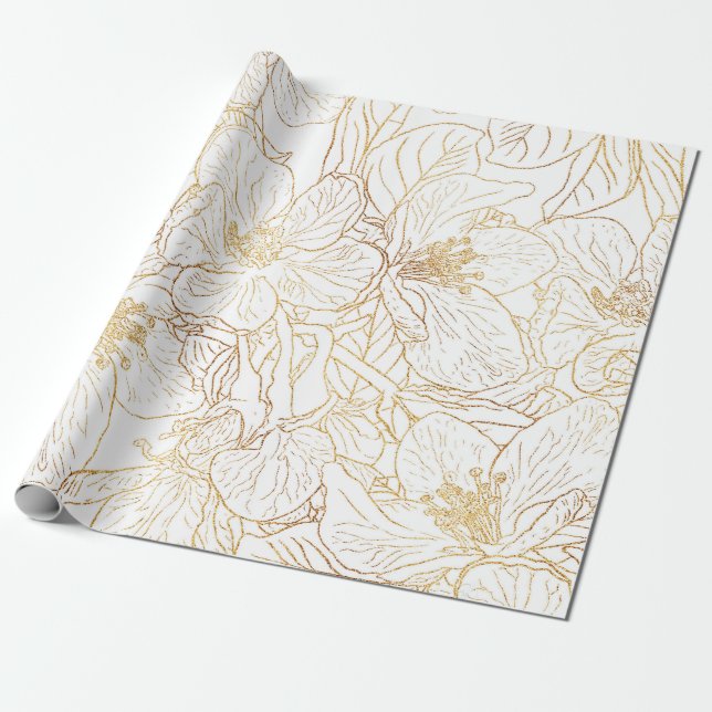 Papel De Presente Flores Douradas Elegante de Flor de Cereja Design  (Desenrolado)