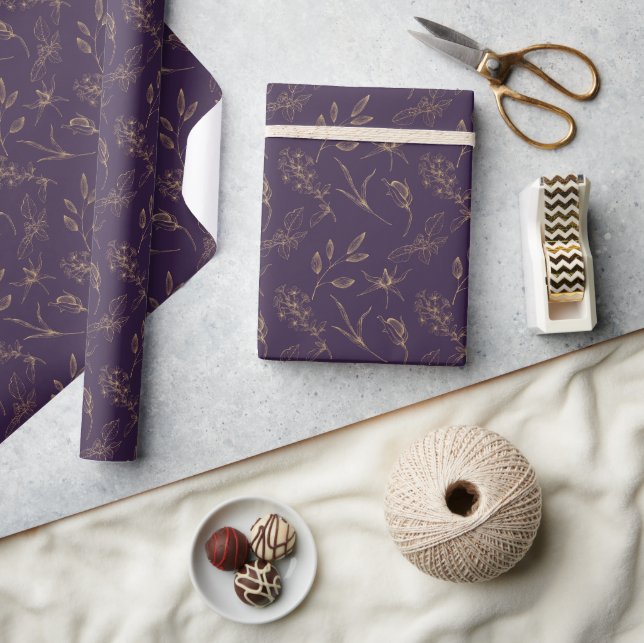 Papel De Presente Flores Douradas em Casamento Roxo Escuro (Artesanato)