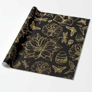 Papel De Presente Flores Douradas, flores sem costura de ovos de Pá