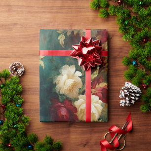 Papel De Presente Flores Douradas Vermelhas e Brancas