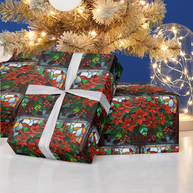 Papel De Presente Flores e Berries de Vidro Vermelho e Poinsettia (Feriados)