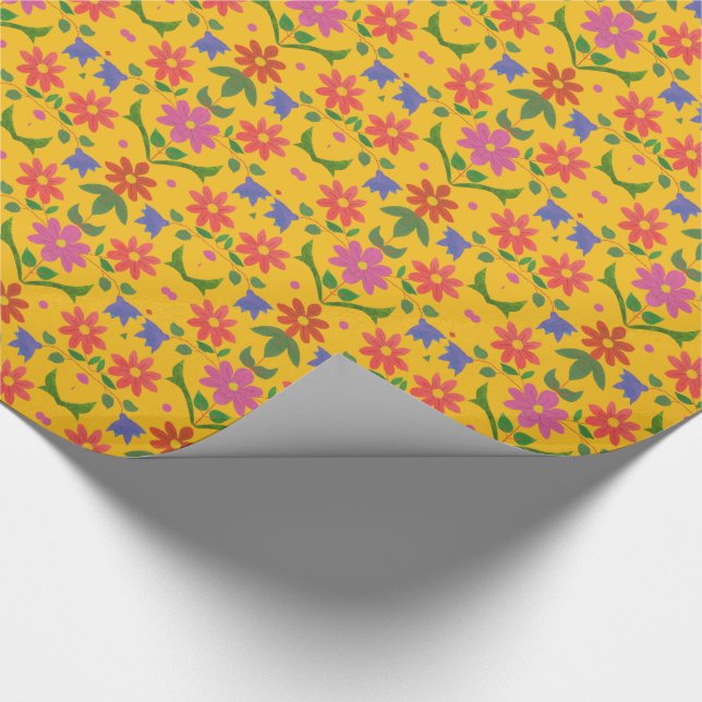 Papel De Presente Flores e Bolinhas em papel de enrolamento amarelo (Ponta)