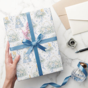 Papel De Presente Flores e Bolo de Casamento em Aquarela Azul Empoei