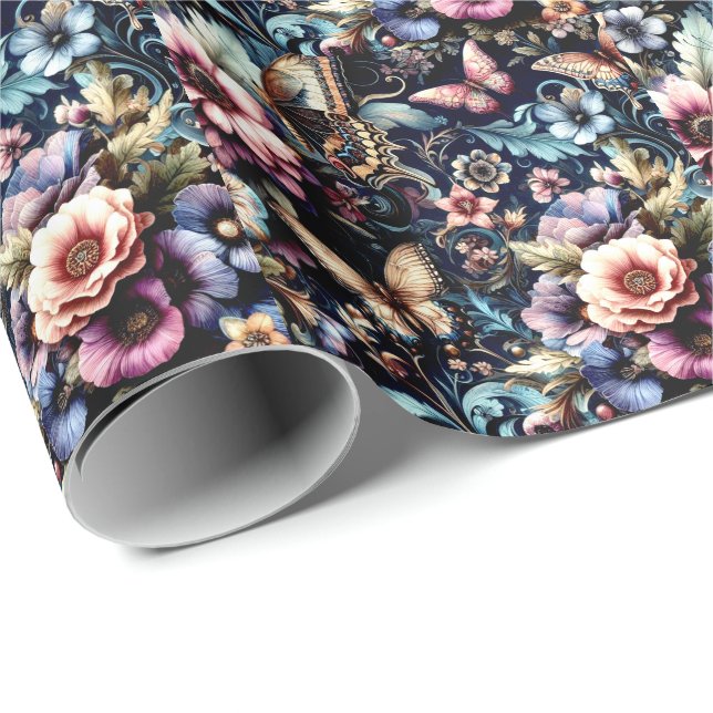 Papel De Presente Flores e Borboletas Antigas da Primavera (Ponta do rolo)