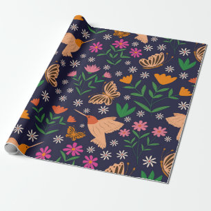 Papel De Presente Flores e Borboletas com Beija-flores 