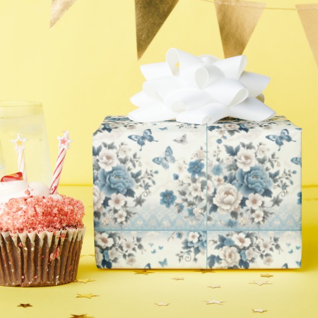 Papel De Presente Flores e Borboletas de Chinoiserie (Festa de aniversário)