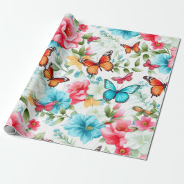 Papel De Presente Flores e Borboletas Vibrantes