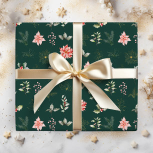Papel De Presente Flores e Folhagens de Poinsettia Vermelha em Verde