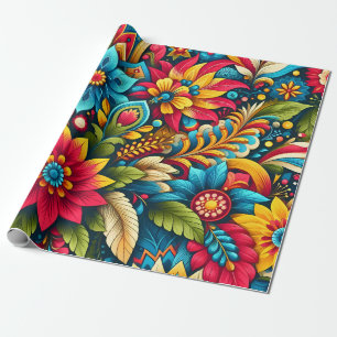 Papel De Presente Flores e Folhas Coloridas Artísticas