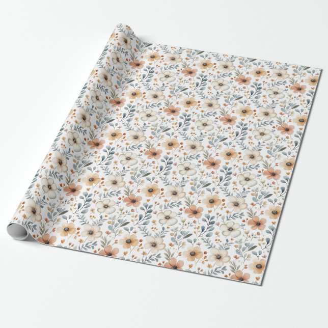 Papel De Presente Flores e Folhas de Outono em Branco (Desenrolado)