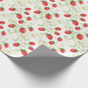 Papel De Presente Flores e Frutas de Morango em Estilo Aquarela
