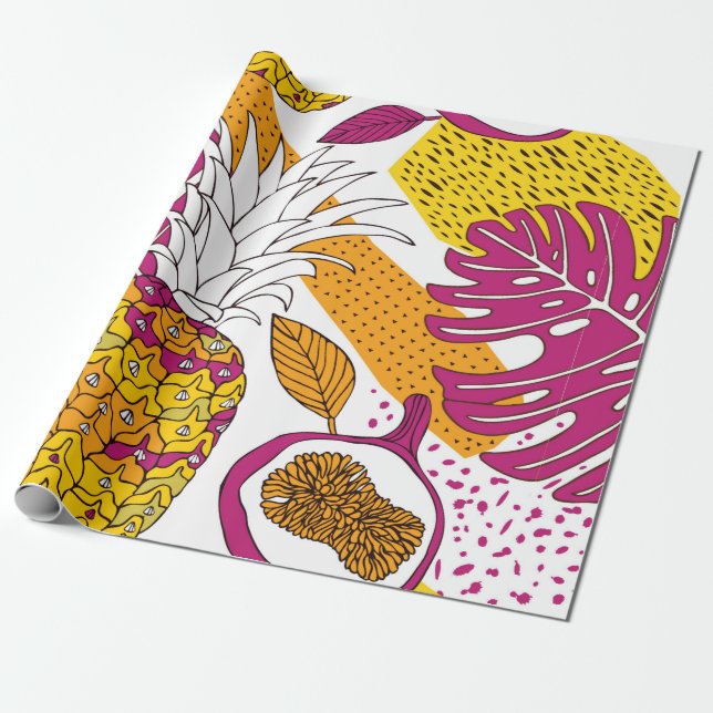 Papel De Presente Flores e frutas tropicais, impressão exótico brilh (Desenrolado)