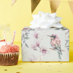 Papel De Presente Flores e Pássaros de Aguarela Rosa Noiva  