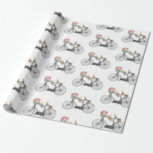 Papel De Presente Flores e Pássaros Românticos De Bicicletas 