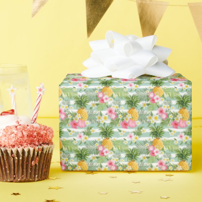 Papel De Presente Flores e tiras de abacaxi (Festa de aniversário)