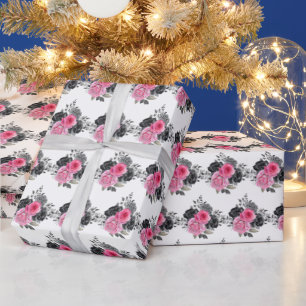 Papel De Presente Flores Elegantes Rosa Quente e Prata
