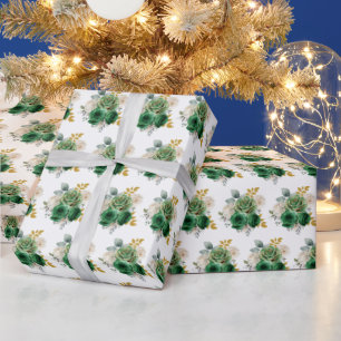 Papel De Presente Flores Elegantes Verde Escuro e Dourado