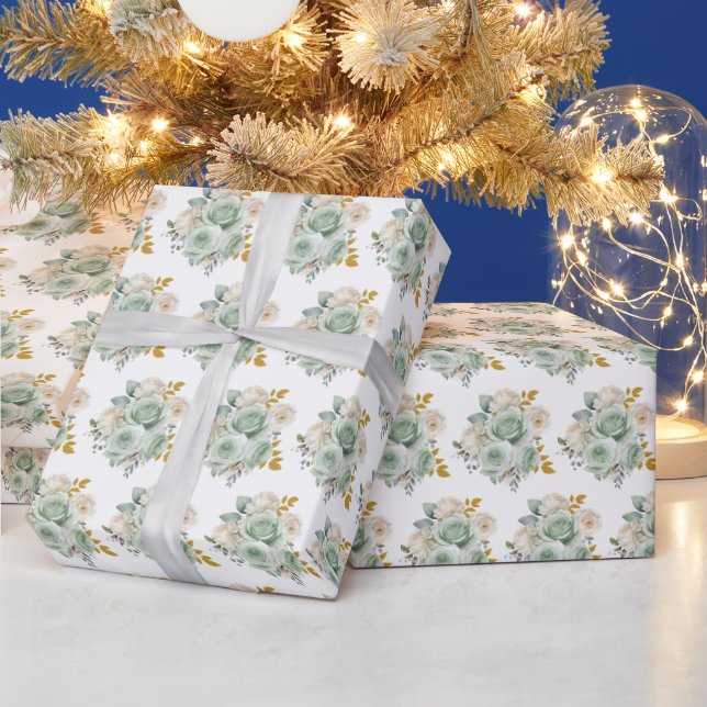 Papel De Presente Flores Elegantes Verde Salvia e Dourado (Feriados)