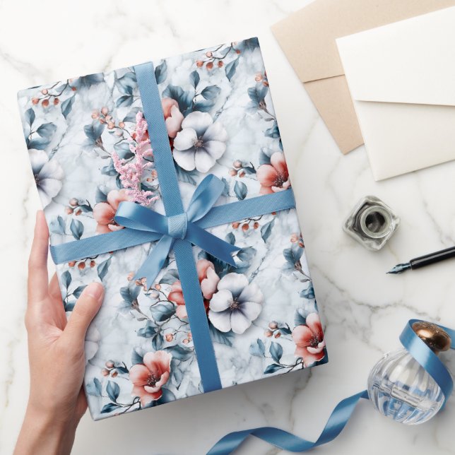Papel De Presente Flores em Mármore Cinza e Branco (Presentear)