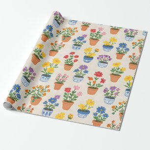 Papel De Presente Flores Em Vasos Caprichosas Ilustração Botânica