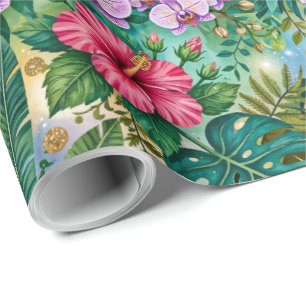 Papel De Presente Flores Fantasia da Selva Roxo Verde Dourado Sonhad