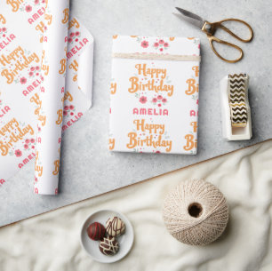 Papel De Presente Flores Florais Feliz Aniversário Letra à Mão