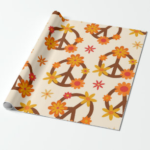 Papel De Presente Flores Groovy Retro em Sinais de Paz e Amor