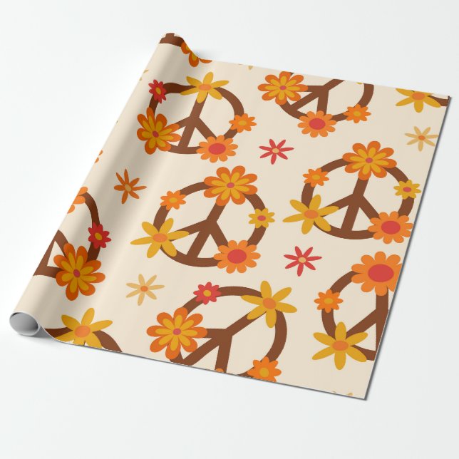 Papel De Presente Flores Groovy Retro em Sinais de Paz e Amor  (Desenrolado)