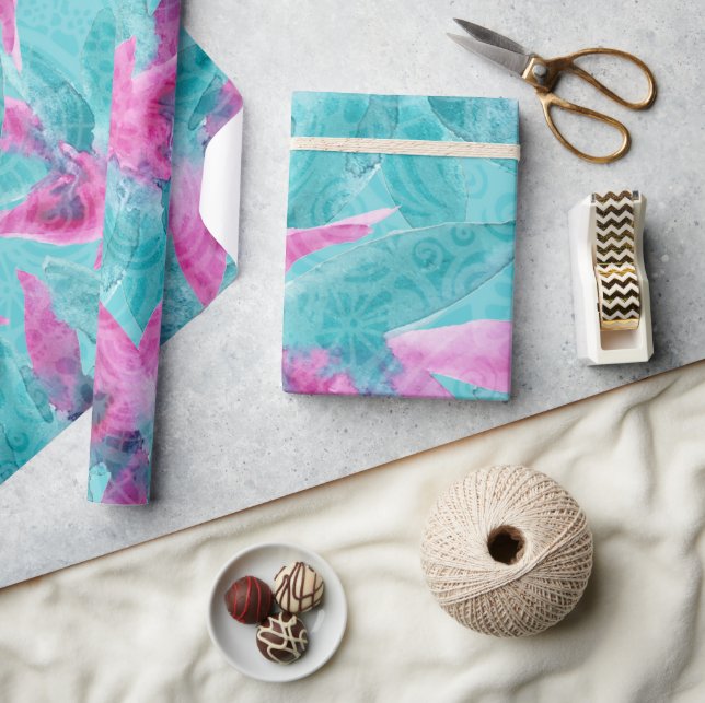 Papel De Presente Flores Havaianas Abstratas Rosa Turquesa (Artesanato)
