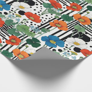 Papel De Presente Flores Laranja Azuis E Brancas, Pretas E Brancas