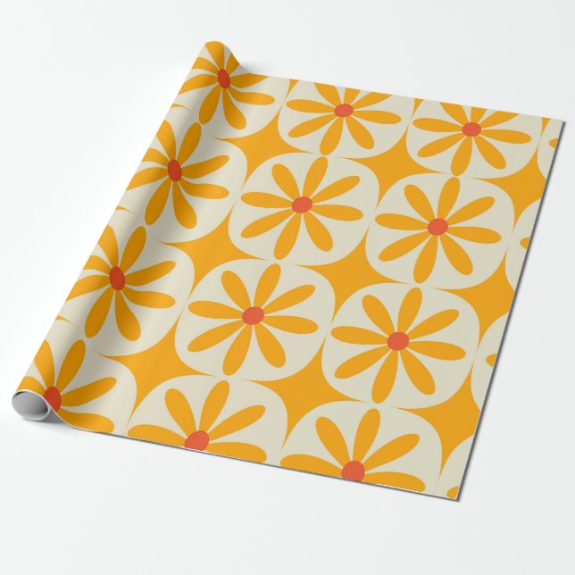 Papel De Presente Flores Laranja Groovy Retrô com explosões estelare (Desenrolado)