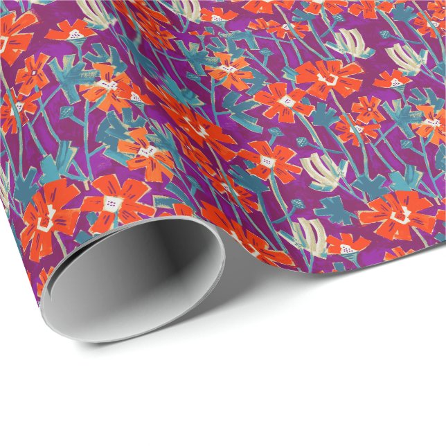 Papel De Presente Flores laranja no travesseiro decorativo roxo (Ponta do rolo)